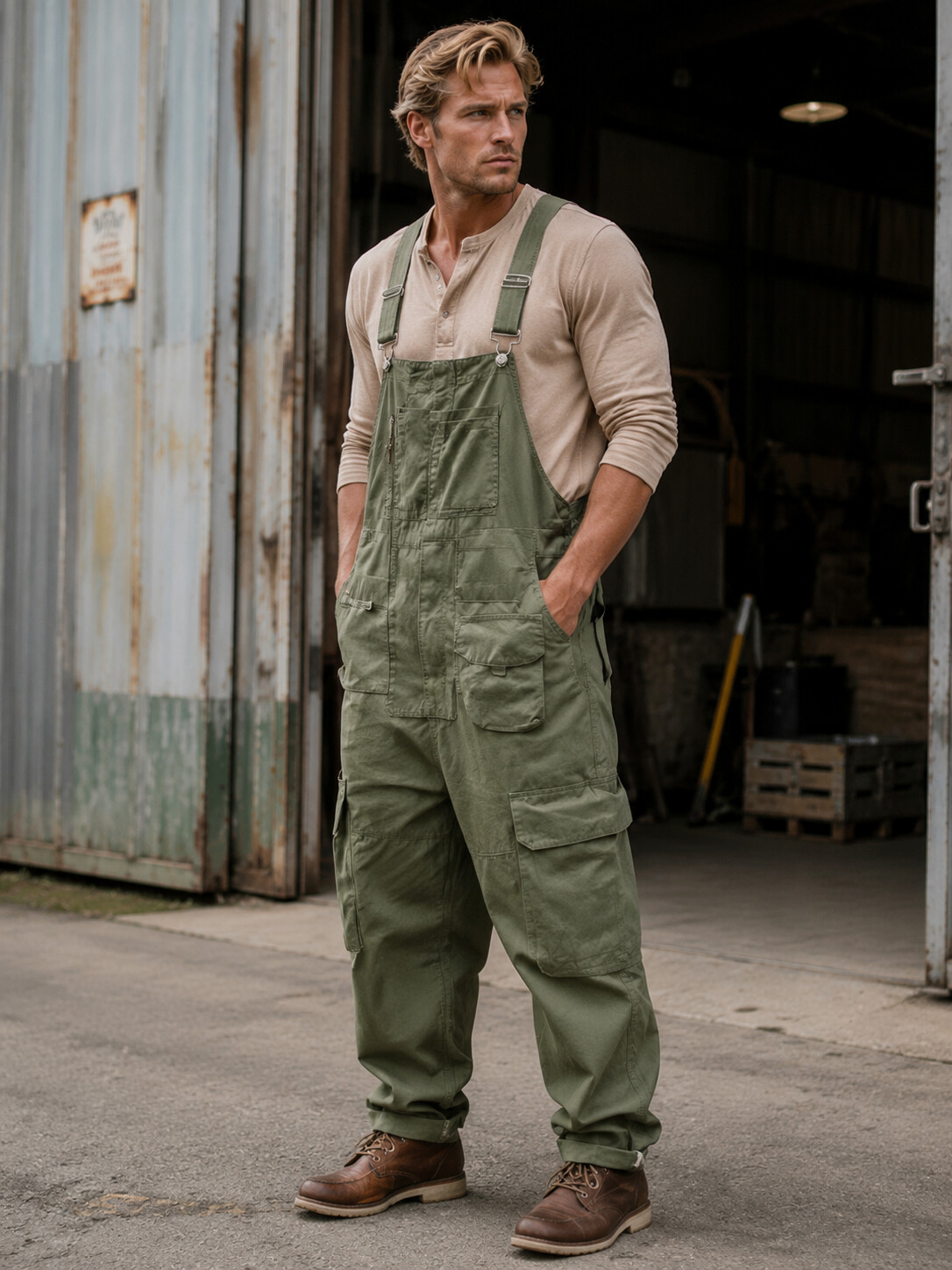 Men's Rugged Cargo Bib Overalls - Loose Fit Cotton Workwear Jumpsuit