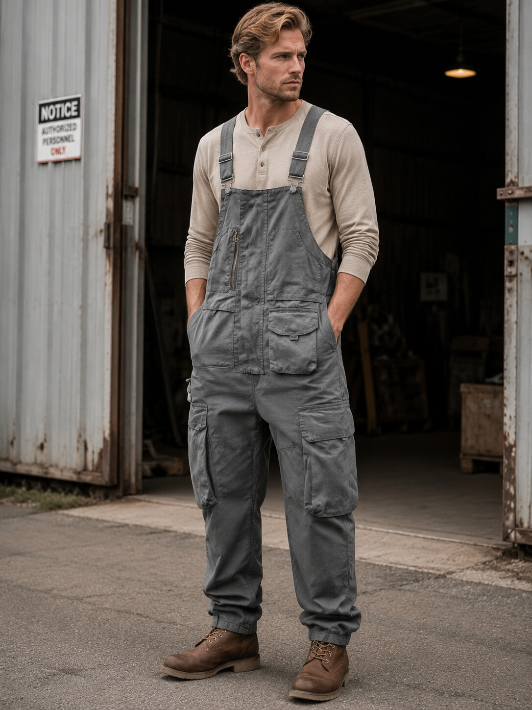 Men's Rugged Cargo Bib Overalls - Loose Fit Cotton Workwear Jumpsuit