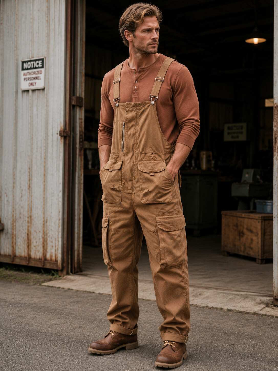 Men's Rugged Cargo Bib Overalls - Loose Fit Cotton Workwear Jumpsuit