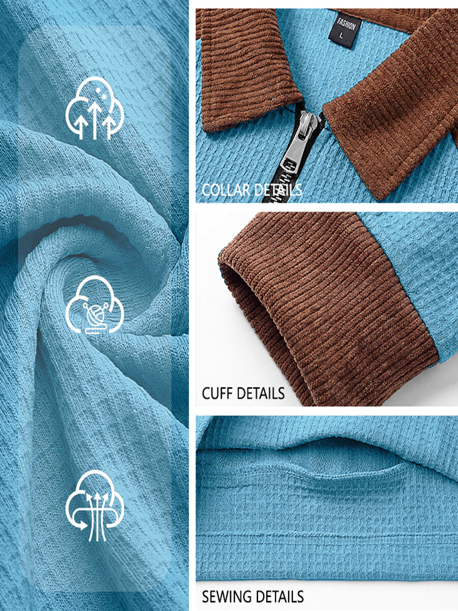 Men's Casual Waffle Knit Color Block Quarter-Zip Polo Sweater