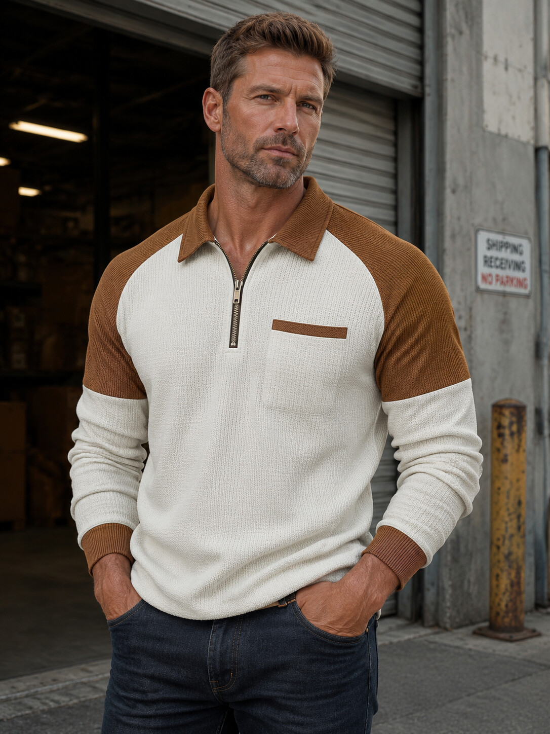 Men's Casual Waffle Knit Color Block Quarter-Zip Polo Sweater