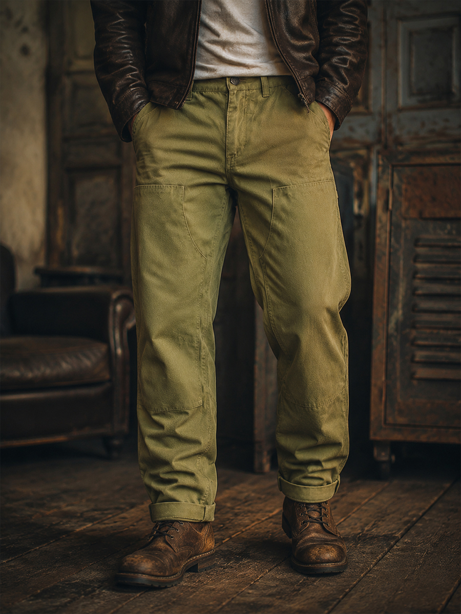 Men's Vintage Double Knee Heavyweight Canvas Straight Leg Utility Trousers
