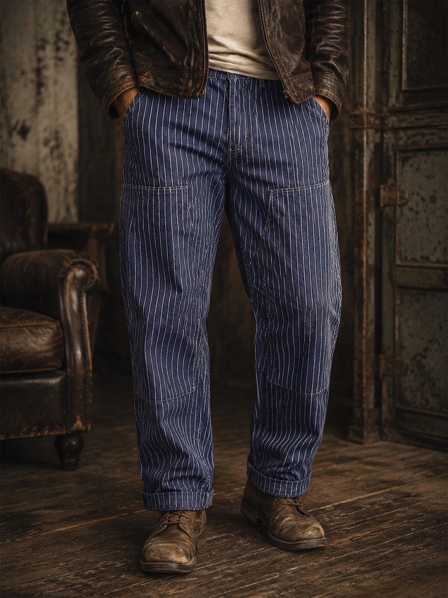 Men's Vintage Wabash Stripe Work Pants Relaxed Straight Railroad Trousers