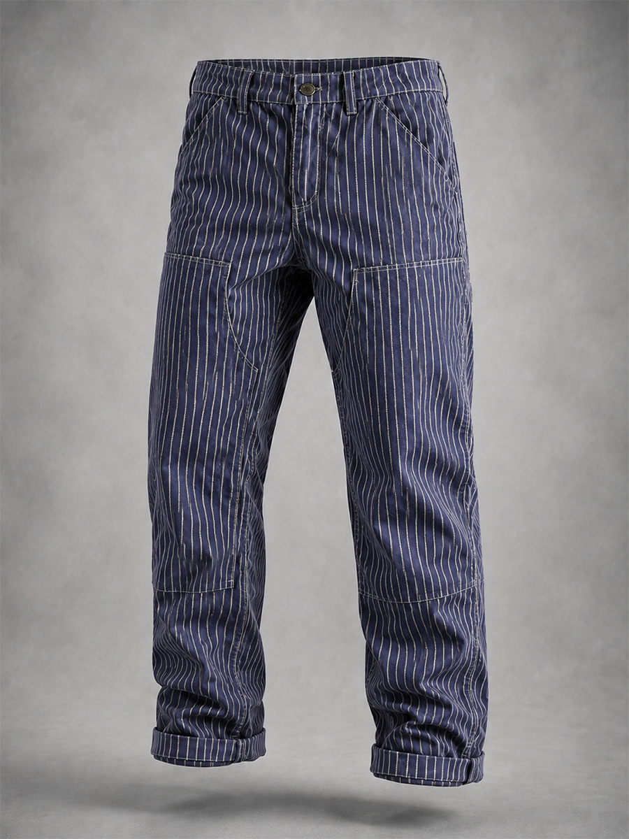 Men's Vintage Wabash Stripe Work Pants Relaxed Straight Railroad Trousers