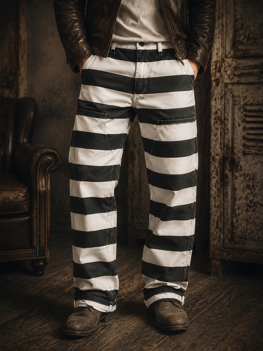Men's Heavyweight Canvas Prisoner Stripe Pants Vintage Chopper Biker Trousers
