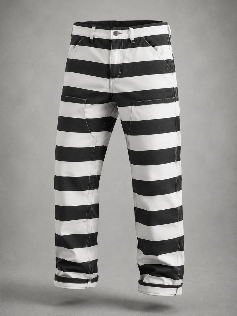Men's Heavyweight Canvas Prisoner Stripe Pants Vintage Chopper Biker Trousers