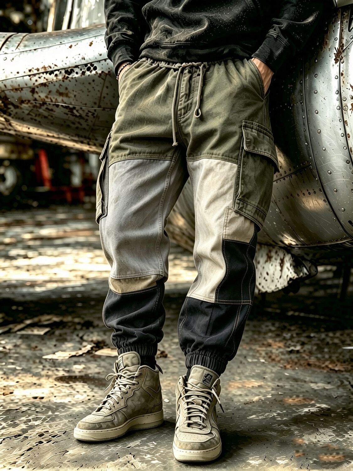 Men's Distressed Multi-Pocket Cargo Joggers with Vintage Color Block Pattern