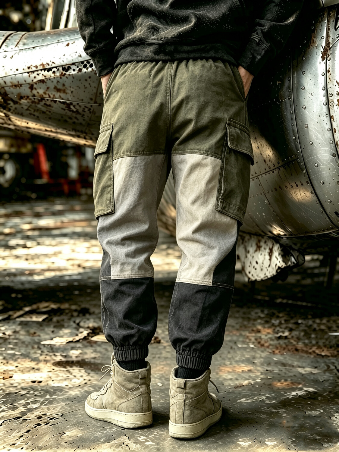 Men's Distressed Multi-Pocket Cargo Joggers with Vintage Color Block Pattern