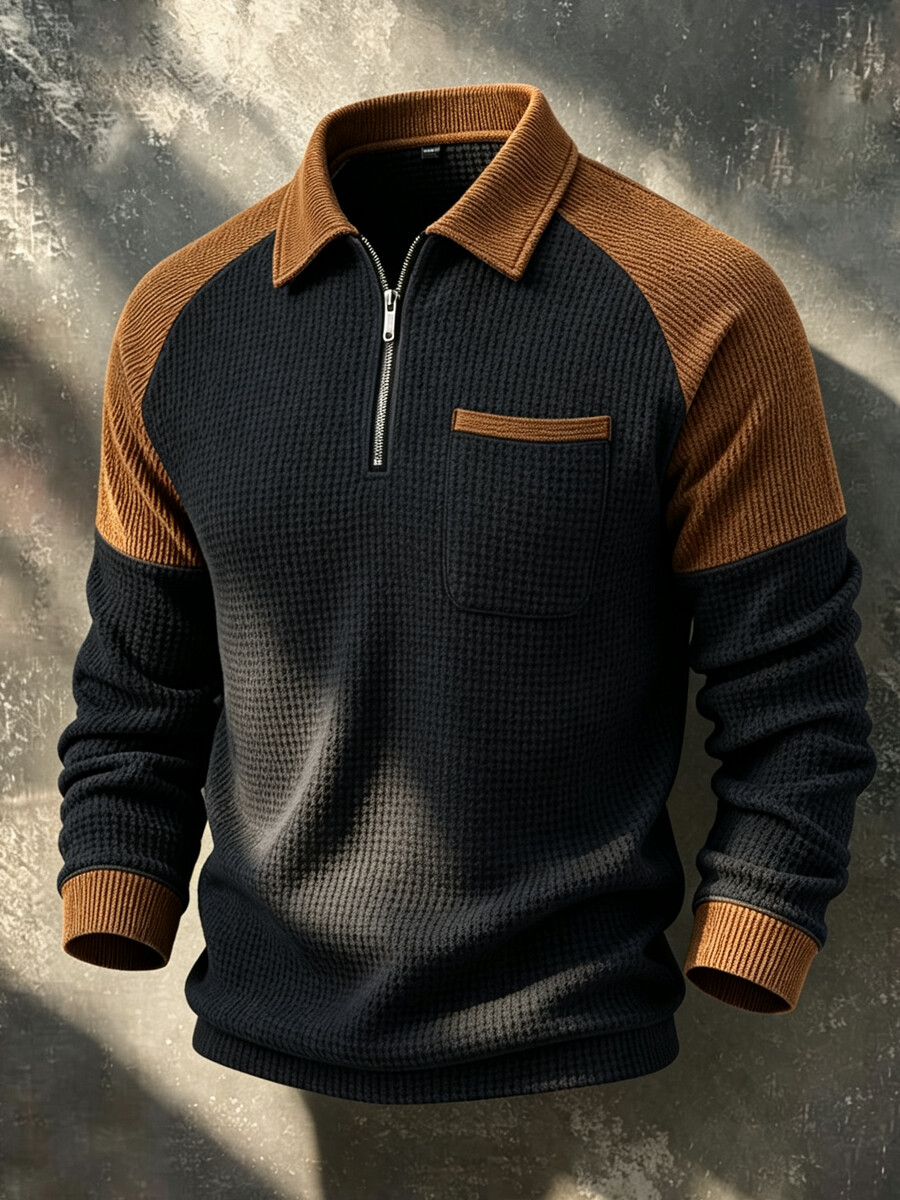 Men's Casual Waffle Knit Color Block Quarter-Zip Polo Sweater
