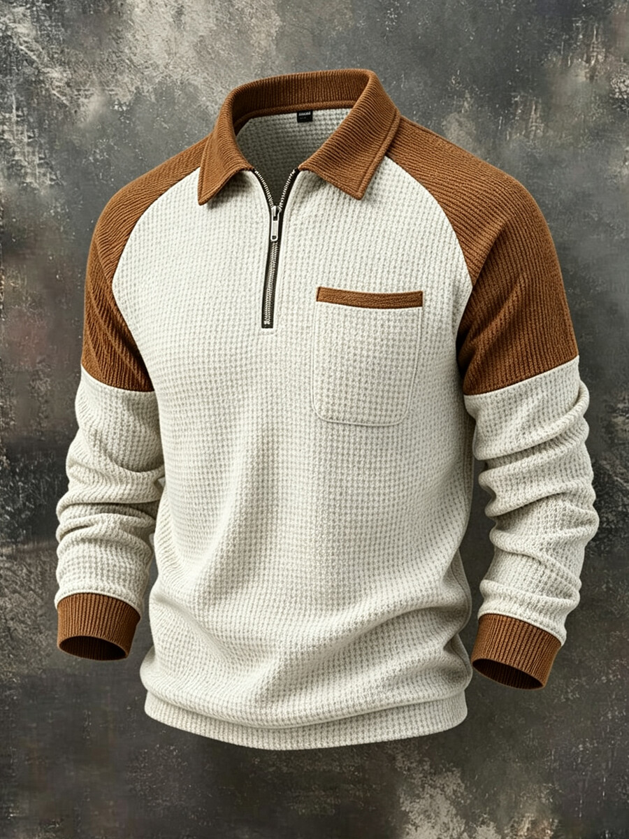 Men's Casual Waffle Knit Color Block Quarter-Zip Polo Sweater