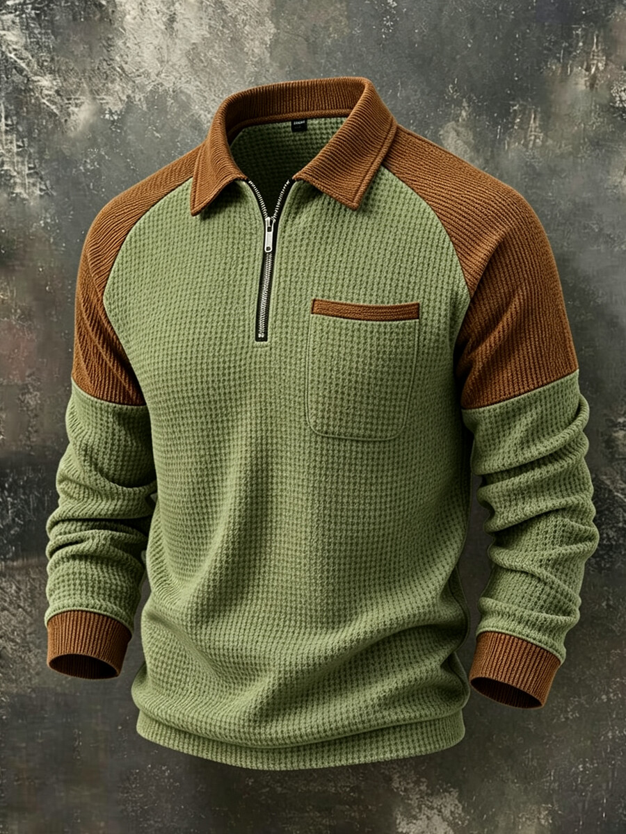 Men's Casual Waffle Knit Color Block Quarter-Zip Polo Sweater