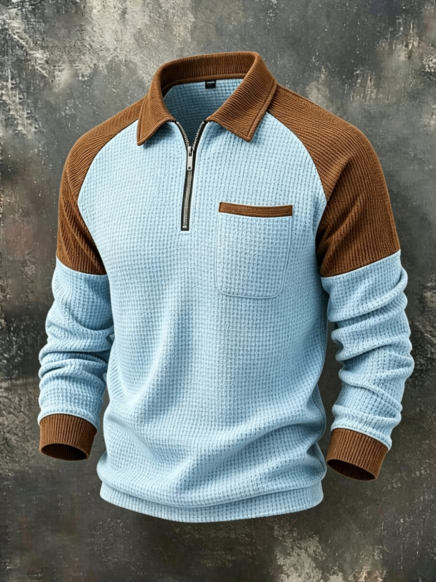 Men's Casual Waffle Knit Color Block Quarter-Zip Polo Sweater