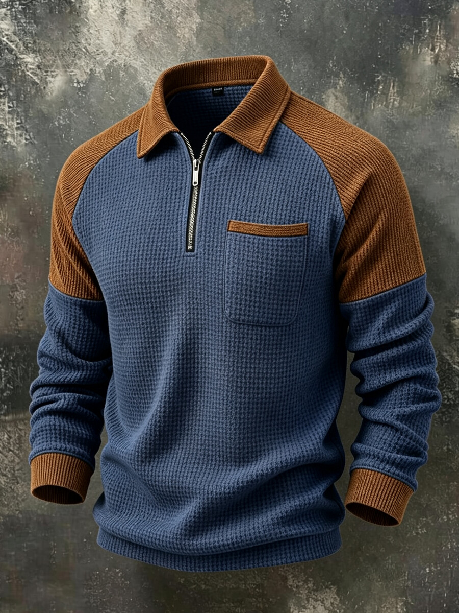 Men's Casual Waffle Knit Color Block Quarter-Zip Polo Sweater