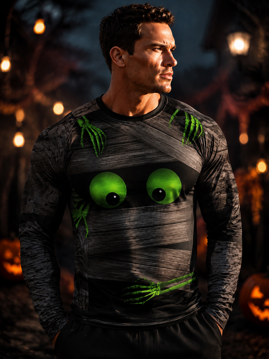 Men's Fun Peeking Skeleton Hands Wood Board Print Lightweight Thermal Long Sleeve T-Shirt