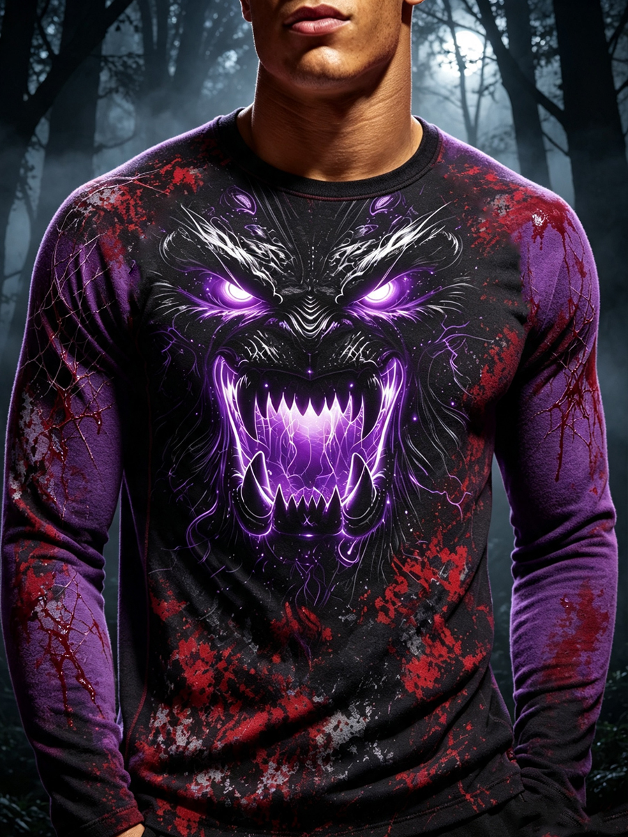 Men's Dark Horror Neon Lycanthrope Print Lightweight Thermal Long Sleeve T-Shirt