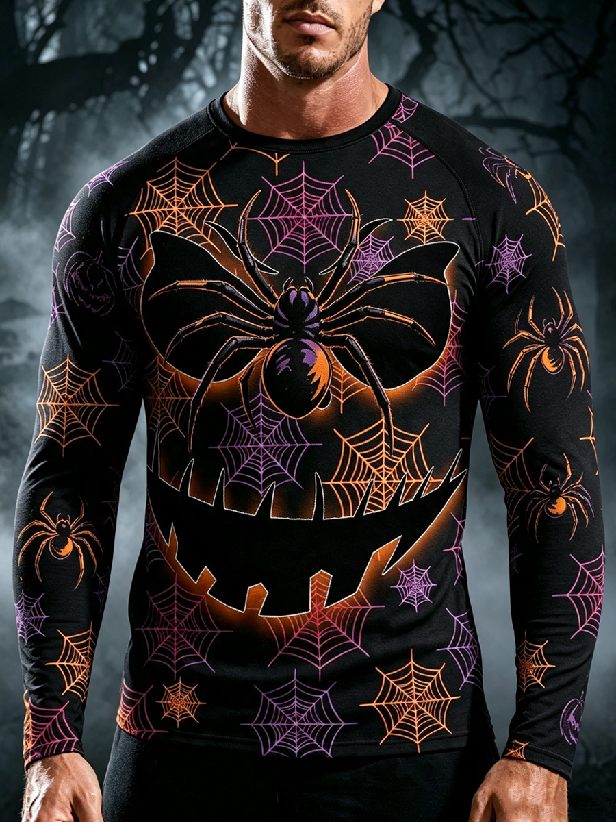 Men's Halloween Spiderweb Jack-O'-Lantern Print Lightweight Thermal Long Sleeve T-Shirt