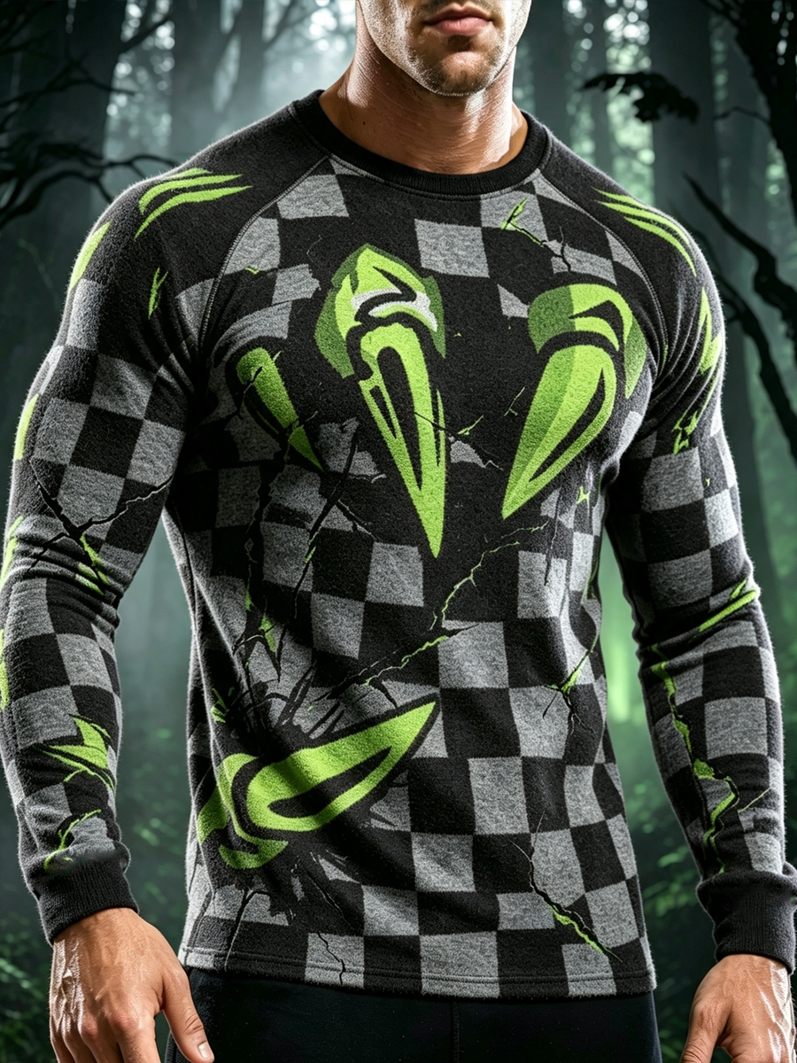 Men's Checkered and Claw Mark Print Lightweight Thermal Long Sleeve T-Shirt