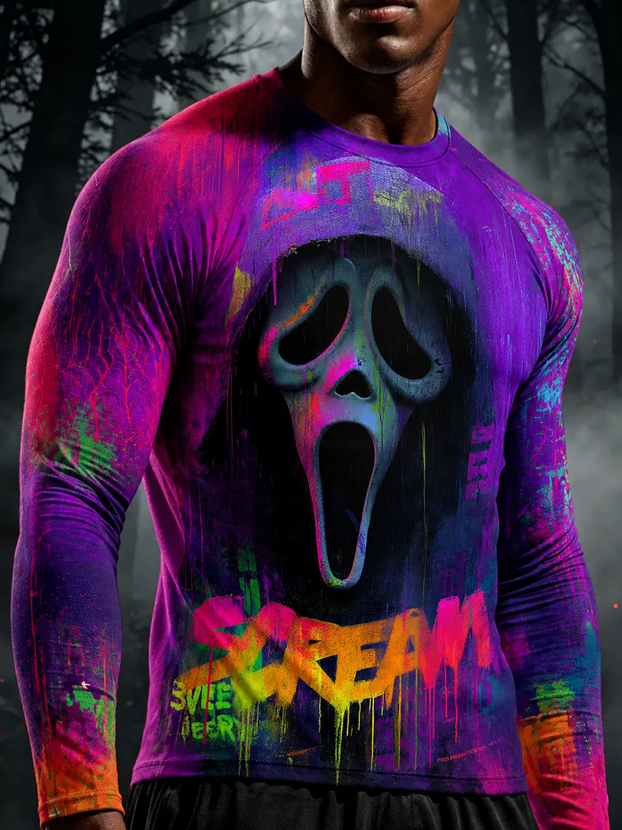 Men's Neon Psychedelic Ghostface Scream Mask Graffiti Art Print Lightweight Thermal Long Sleeve T-Shirt