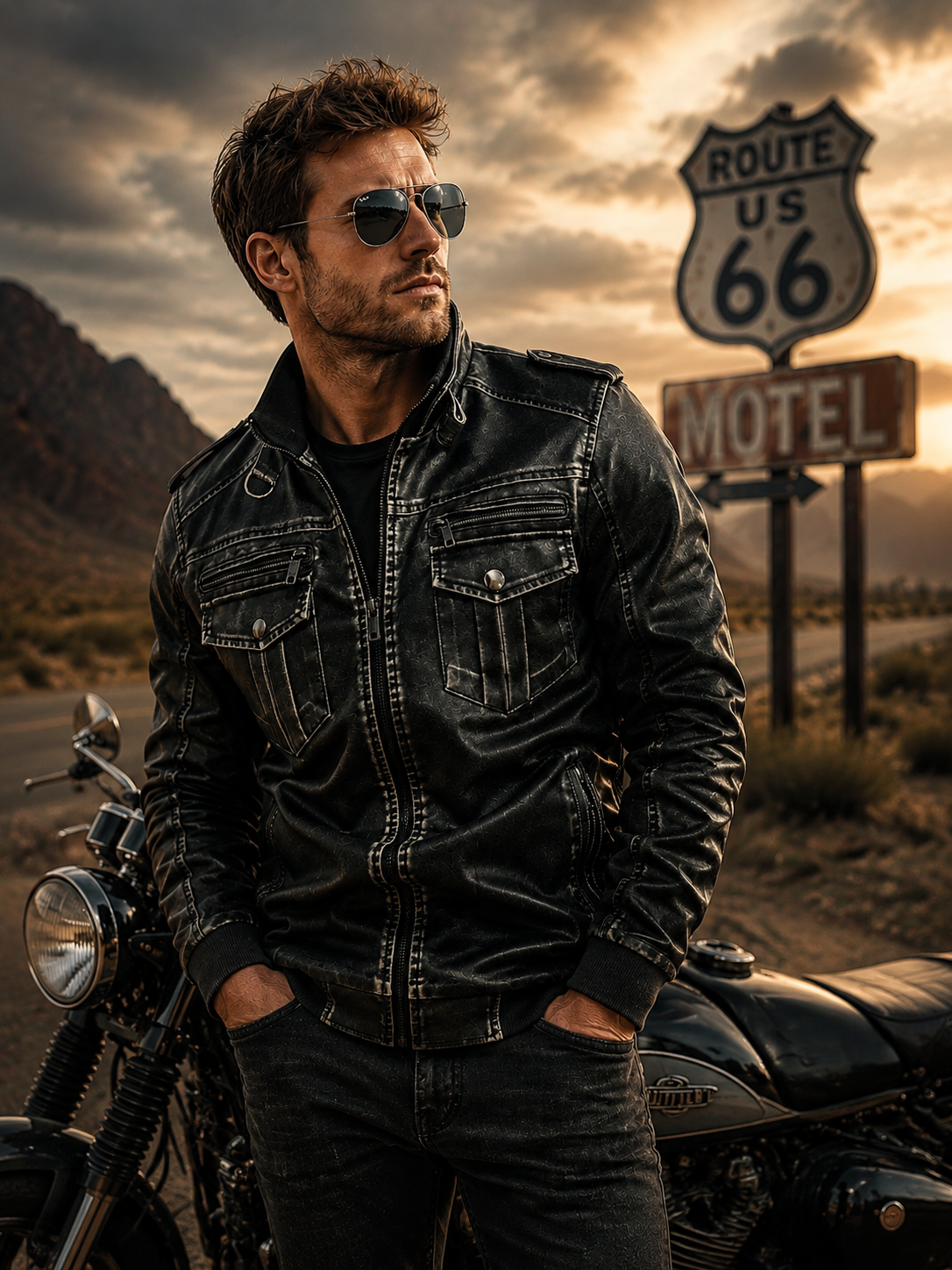 Men's Vintage Distressed Faux Leather Bomber Jacket , Military Multi Pocket Biker Outerwear