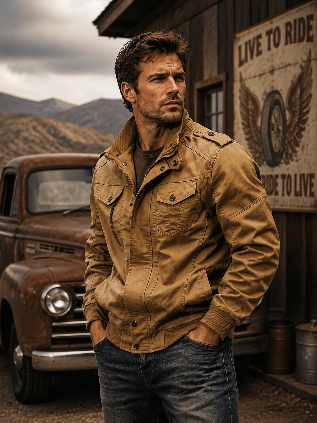 Men's Retro Army Canvas Bomber Jacket Multi-Pocket Stand Collar Tactical Utility Daily Outerwear