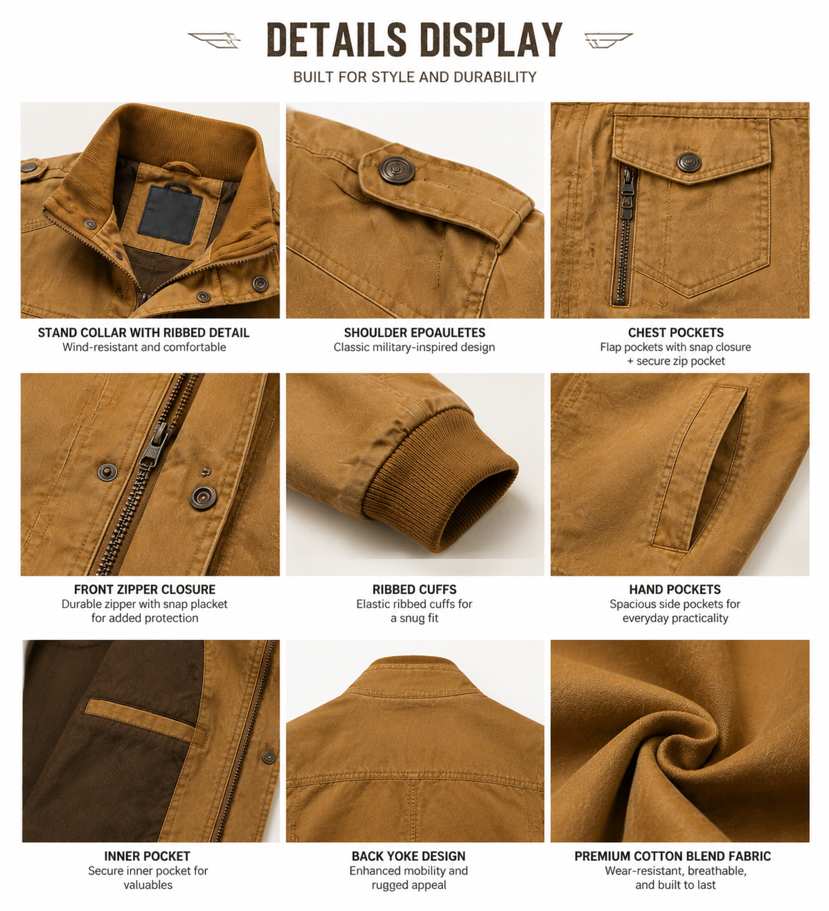 Men's Retro Army Canvas Bomber Jacket Multi-Pocket Stand Collar Tactical Utility Daily Outerwear