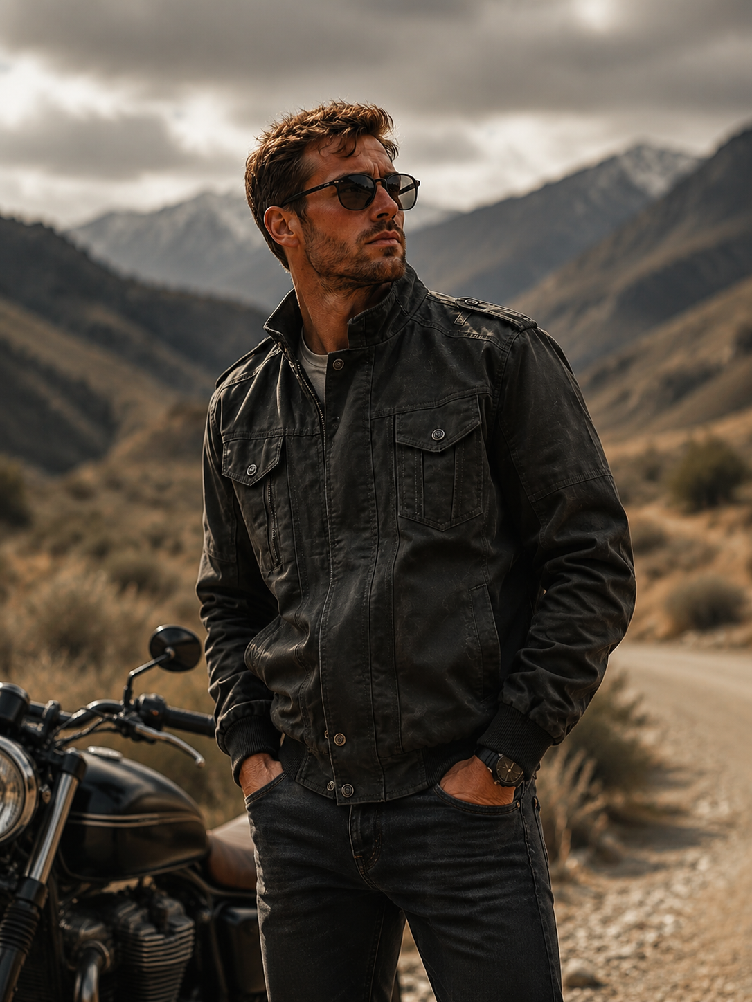 Men's Dark Military Multi-Pocket Casual Utility Flight Outerwear