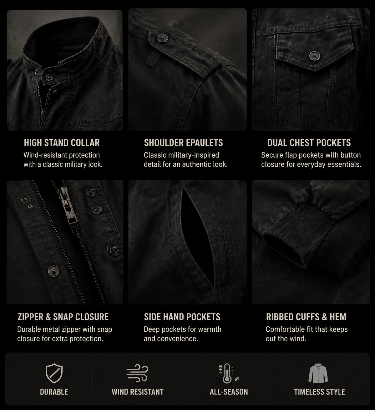 Men's Dark Military Multi-Pocket Casual Utility Flight Outerwear