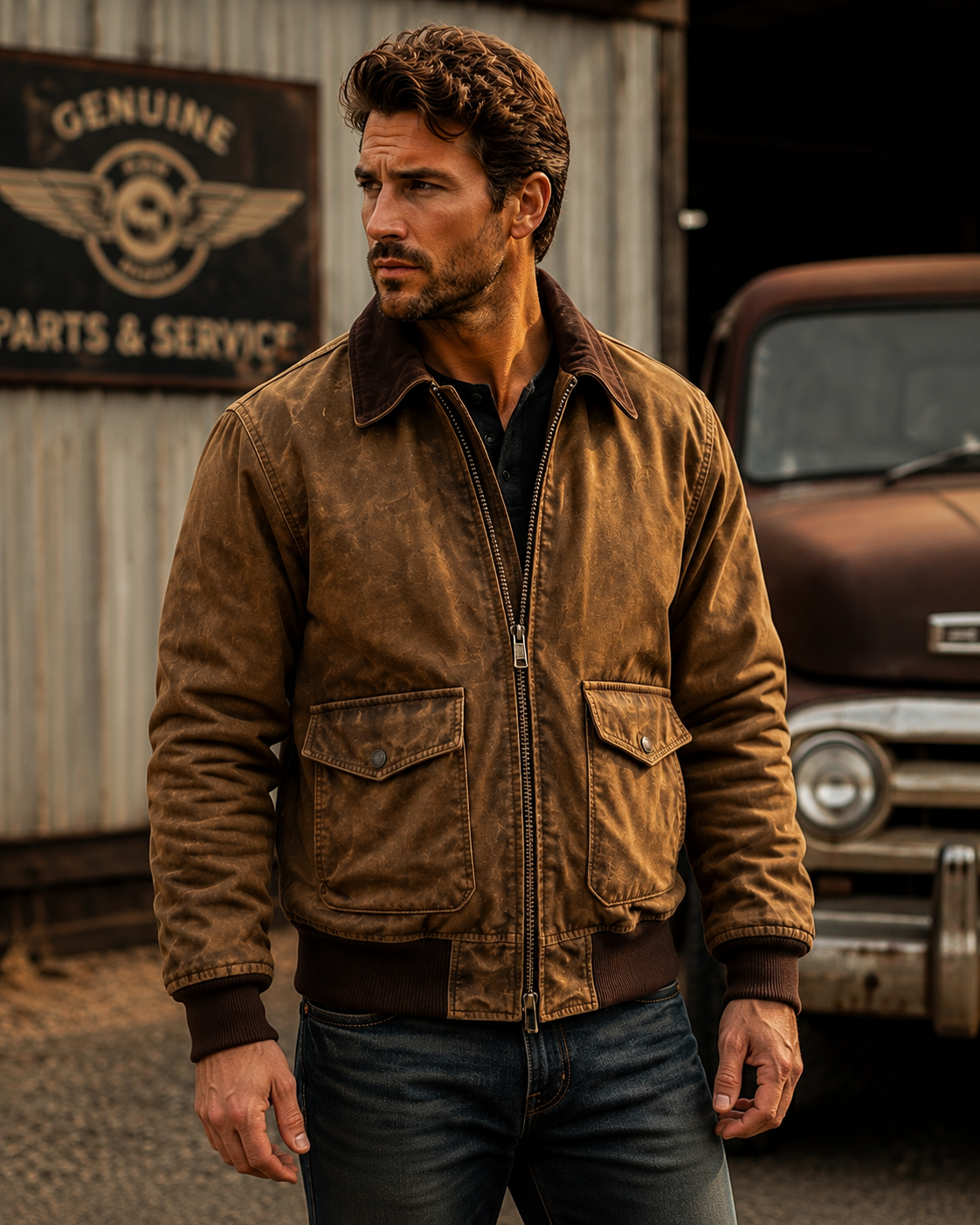 Men's Vintage Distressed Faux Leather Bomber Jacket