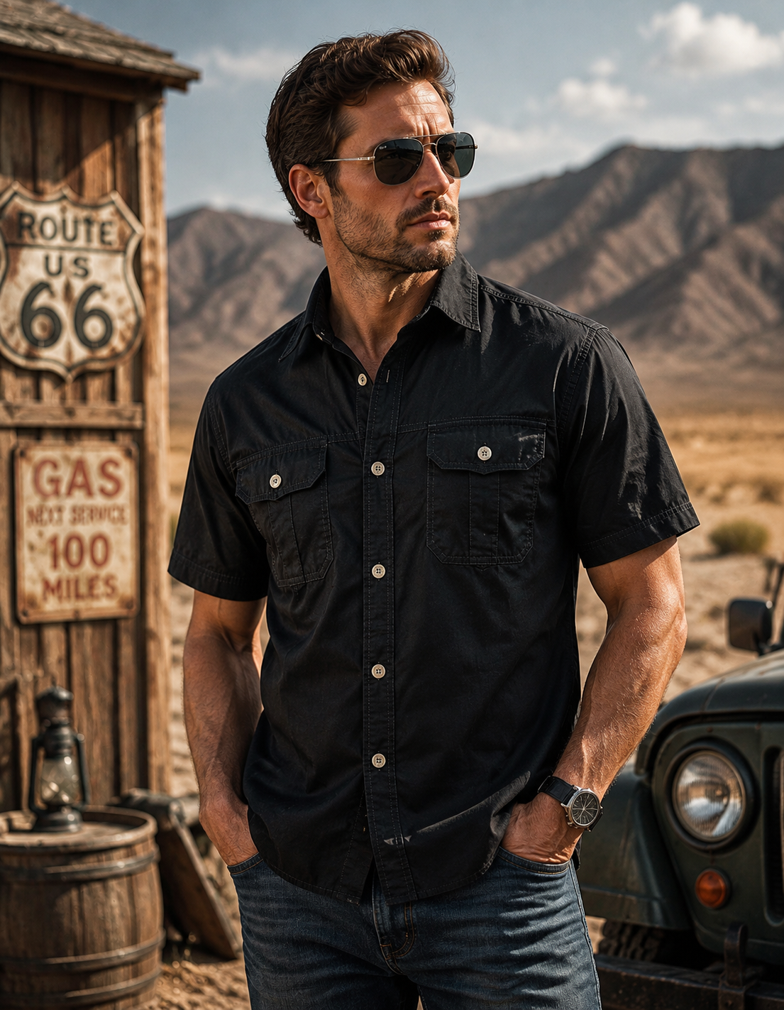 Men's Solid Color Double Chest Flap Pockets Short Sleeve Cargo Work Shirt