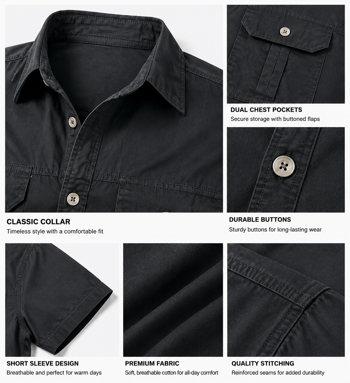 Men's Solid Color Double Chest Flap Pockets Short Sleeve Cargo Work Shirt