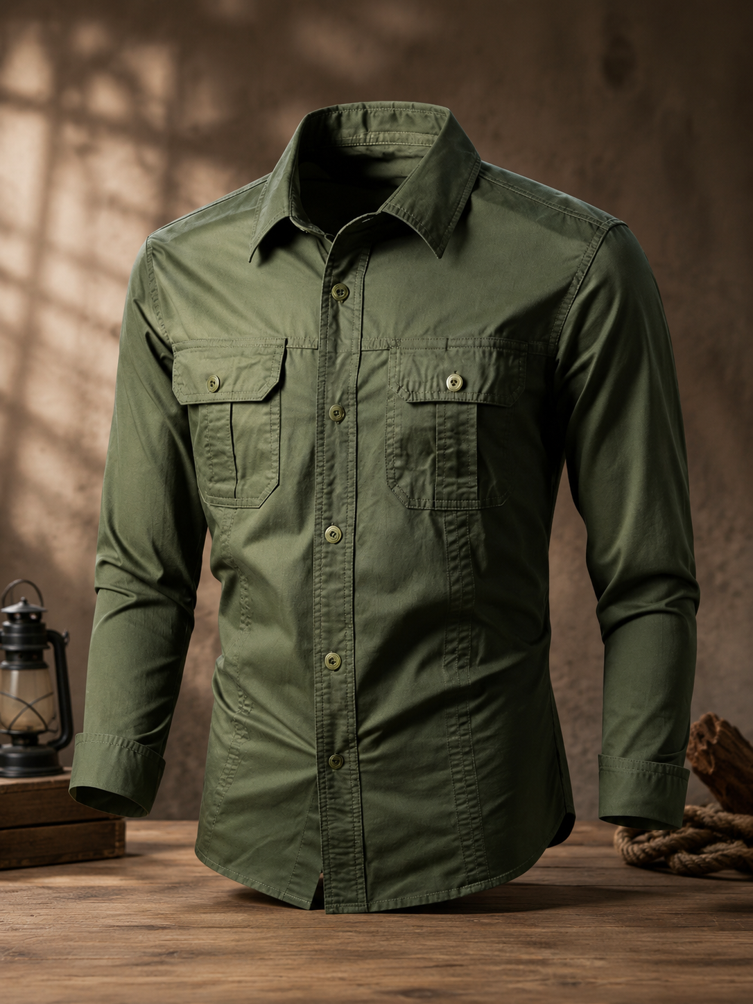 Men's Casual Solid Color Chest Pocket Turndown Collar Long Sleeve Shirt