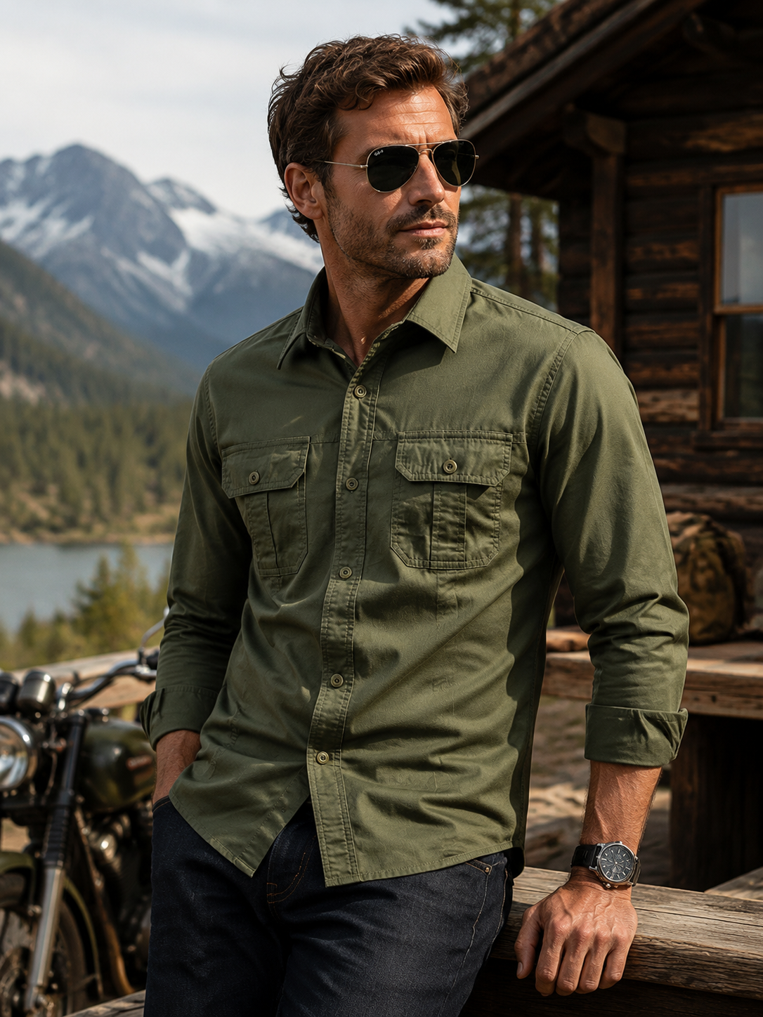 Men's Casual Solid Color Chest Pocket Turndown Collar Long Sleeve Shirt