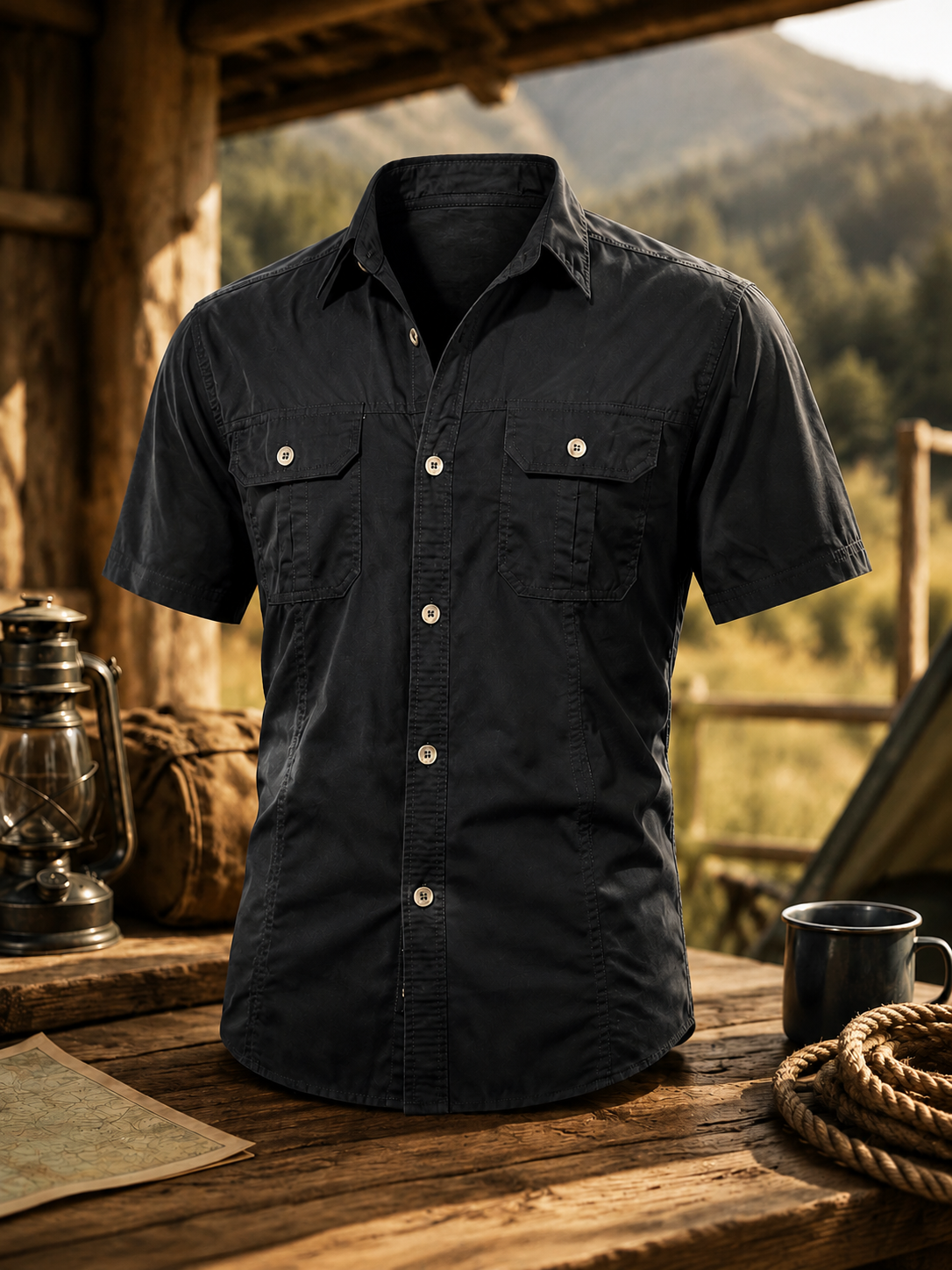 Men's Solid Color Double Chest Flap Pockets Short Sleeve Cargo Work Shirt