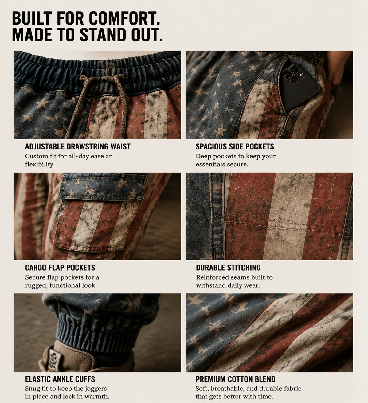 Men's Distressed Multi-Pocket Cargo Joggers with Vintage American Flag Pattern
