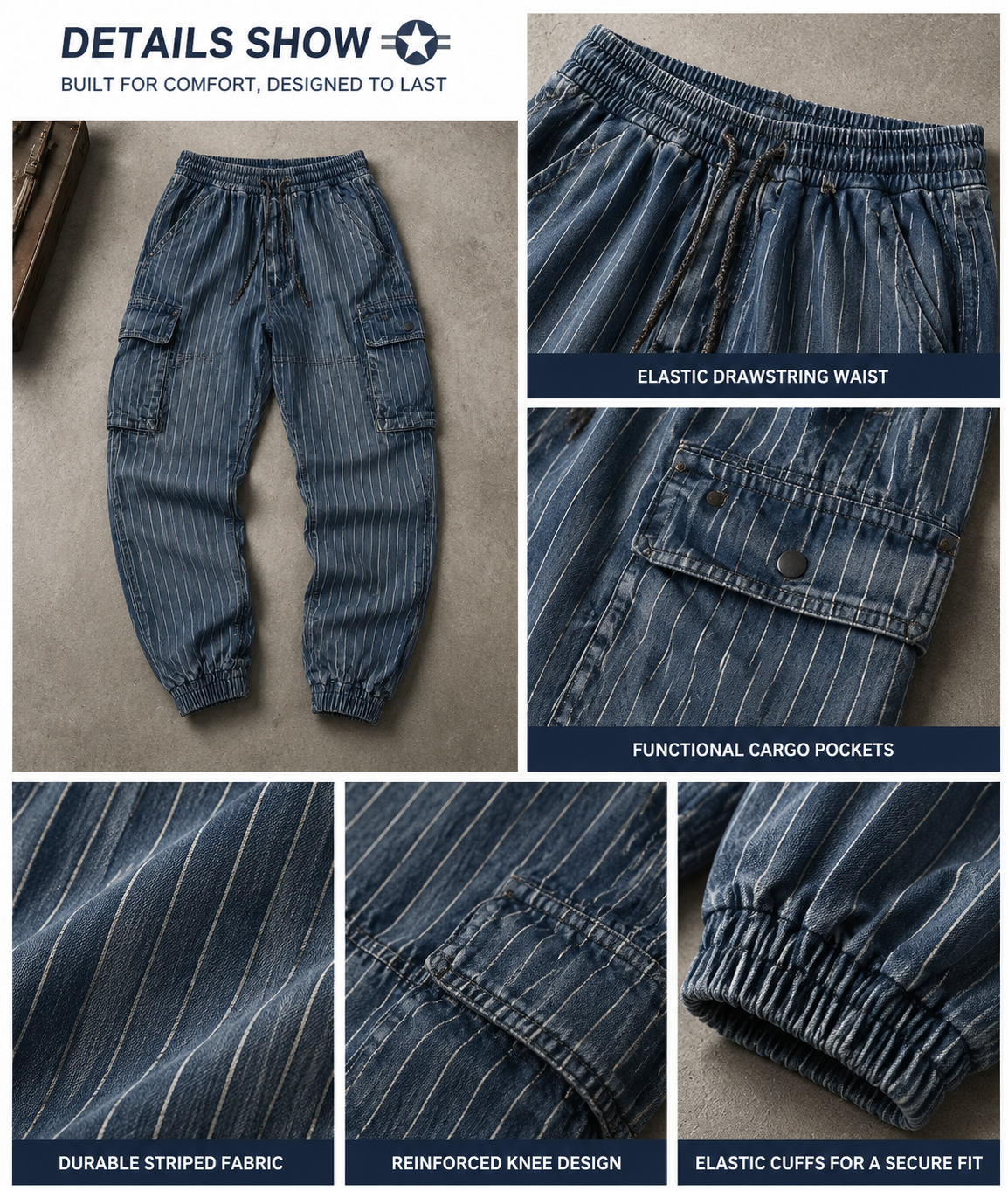 Men's Distressed Multi-Pocket Cargo Joggers with Vintage Vertical Stripes Pattern