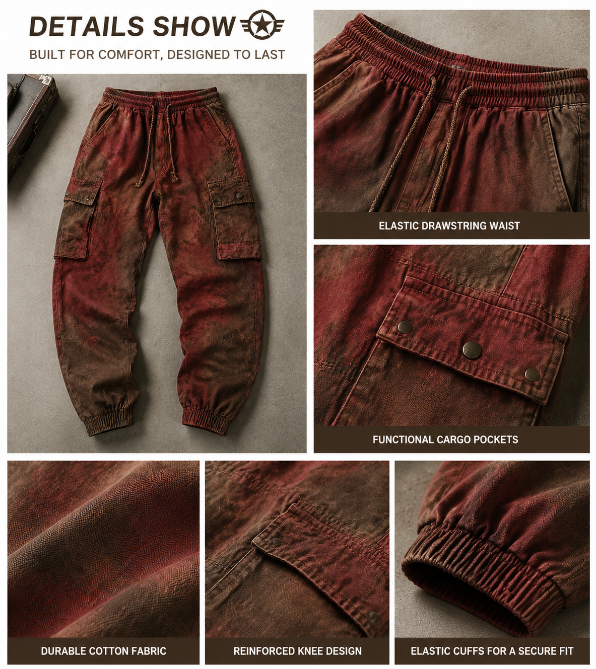 Men's Distressed Multi-Pocket Cargo Joggers with Vintage Gradien Tie Dye Pattern