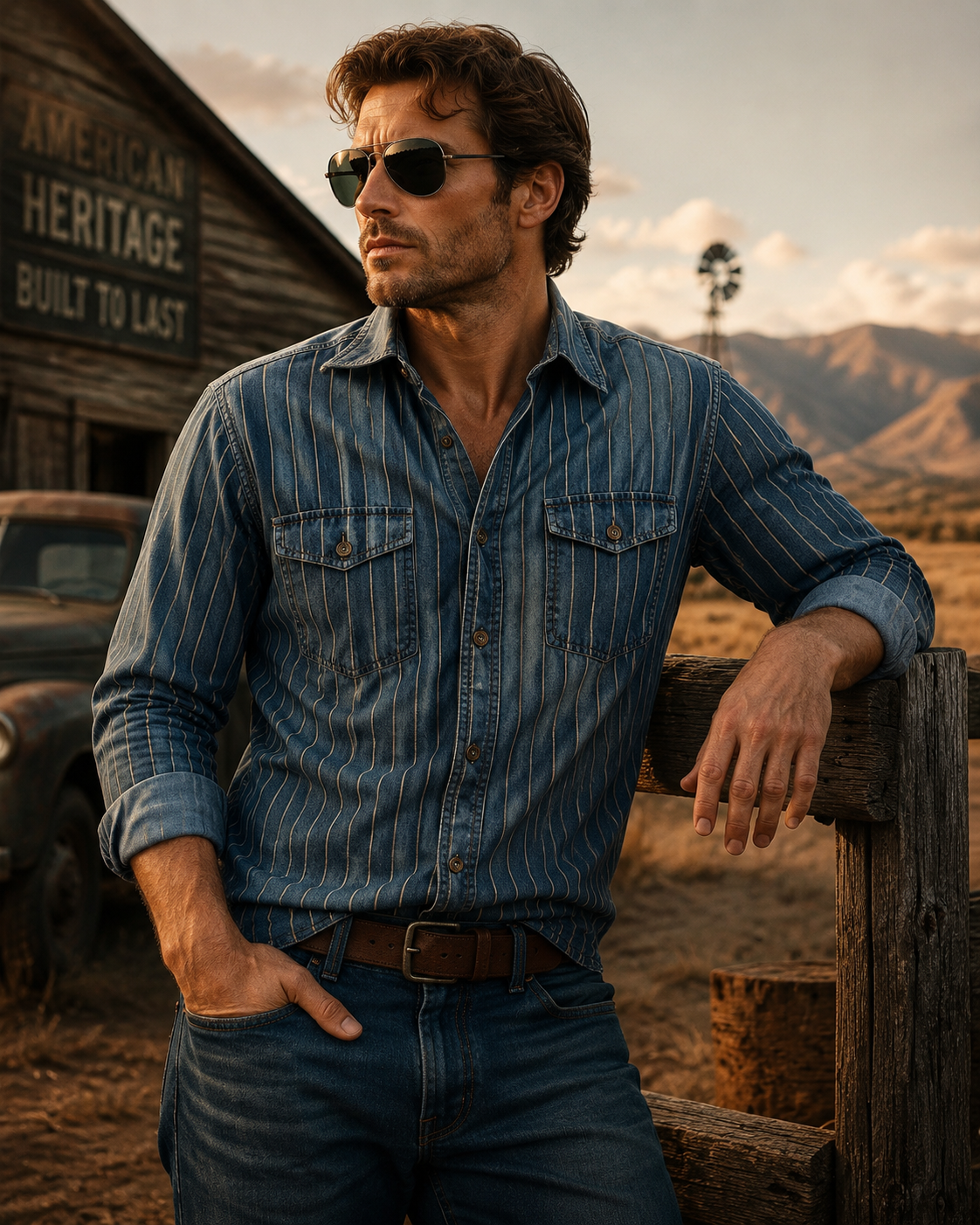 Men's Vertical Striped Print Long-Sleeve Shirt with Dual Pockets