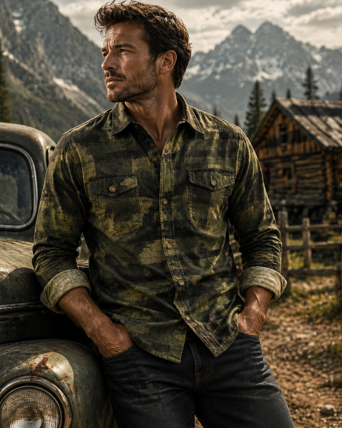 Men's Retro Color-Block Camo & Plaid Print Long-Sleeve Button-Down Shirt with Chest Pocket