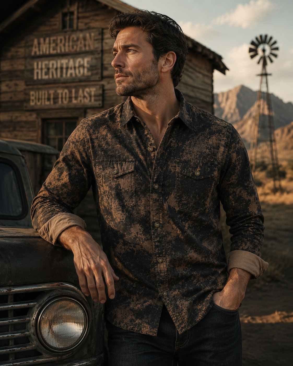 Men's Vintage Distressed Splashed Ink Print Long-Sleeve Shirt with Dual Pockets