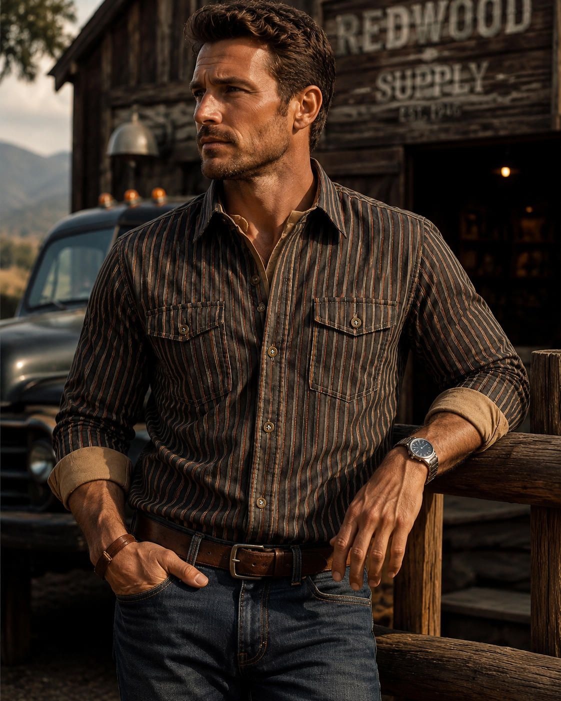 Men's Rugged Casual Button-Down Vertical Stripe Utility Shirt
