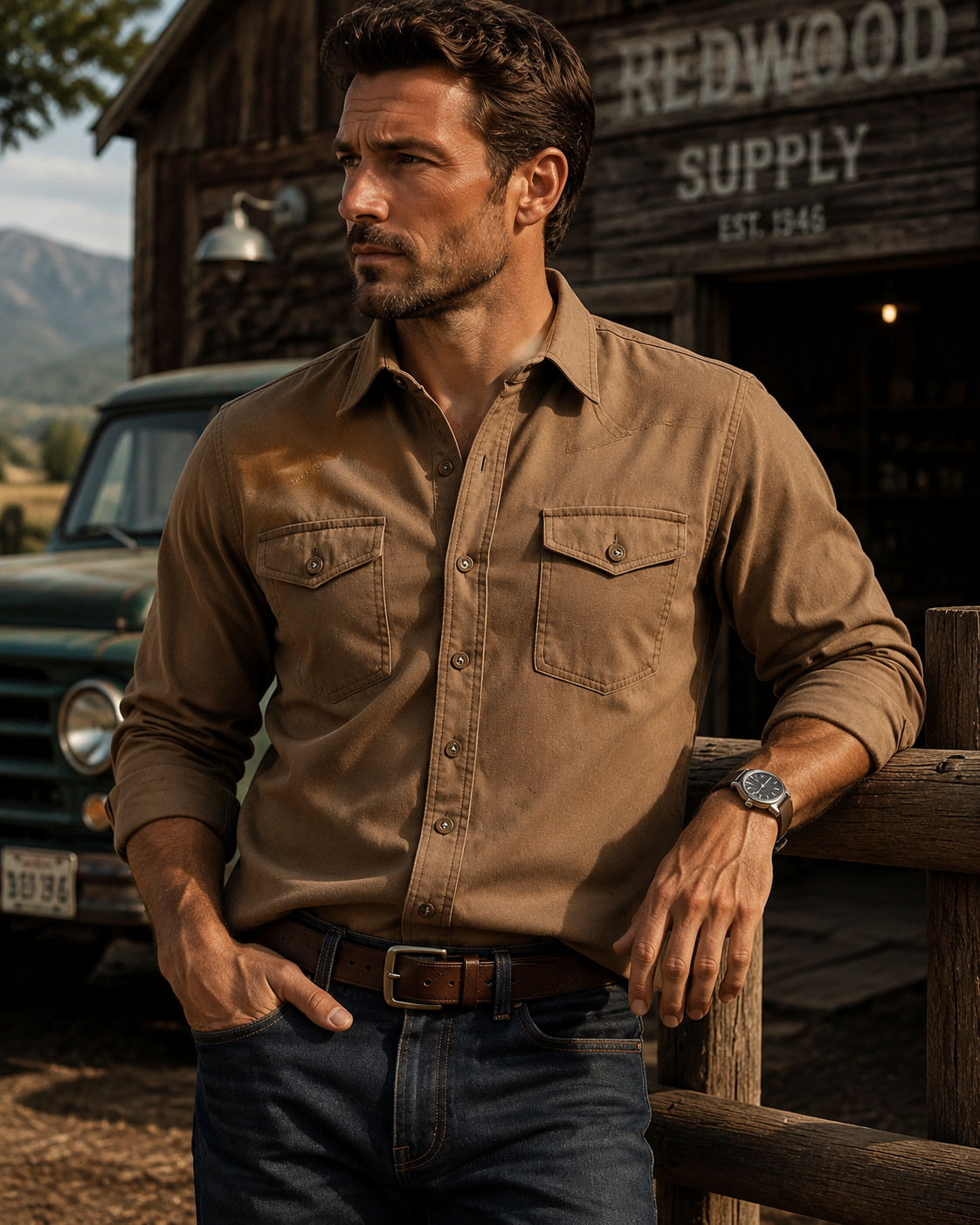 Men's Vintage Solid Long-Sleeve Utility Shirt with Dual Pockets