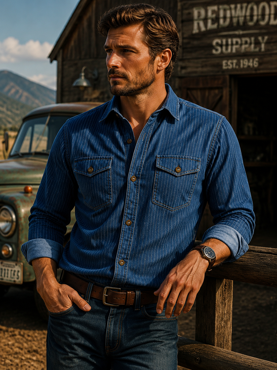 Men's Vintage Striped Long-Sleeve Workshirt with Utility Pockets