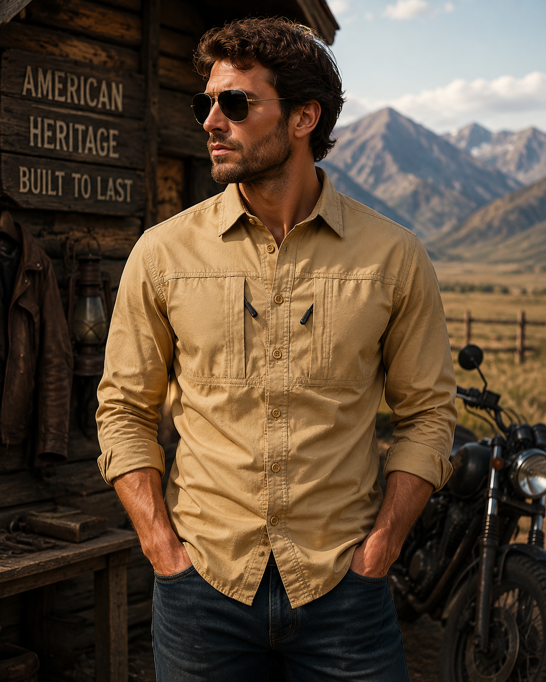 Men's Solid Color Button Front Zipper Chest Pockets Long Sleeve Outdoor Casual Shirt