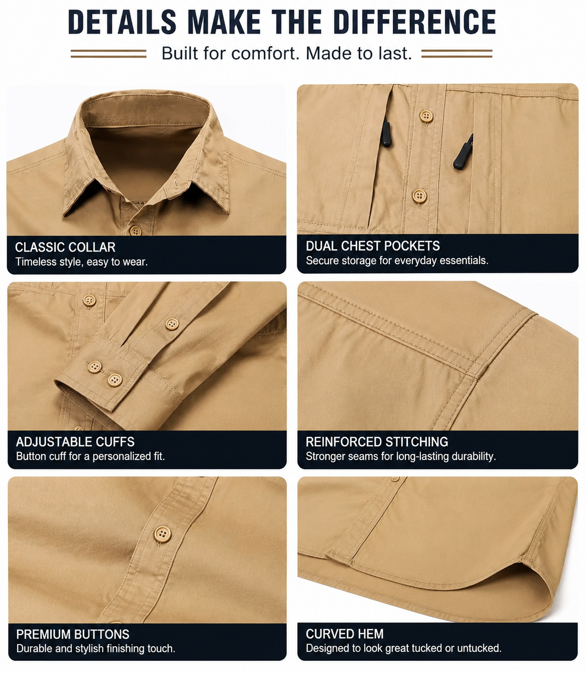 Men's Solid Color Button Front Zipper Chest Pockets Long Sleeve Outdoor Casual Shirt