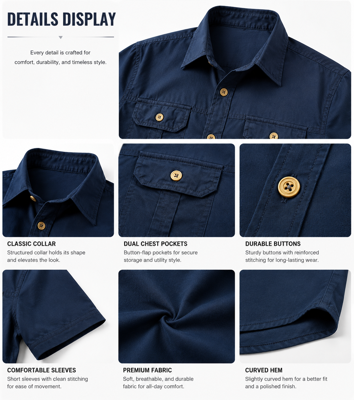 Men's Solid Color Shirt Collar Button Front Chest Pockets Short Sleeve Daily Casual Shirt