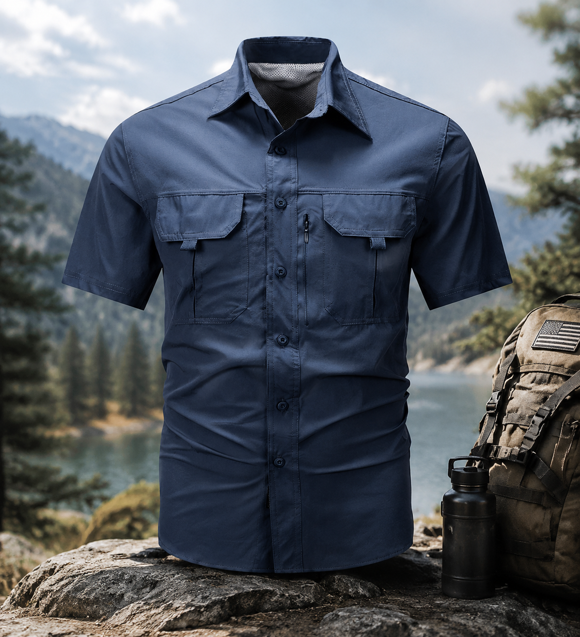 Men's Button Front Chest Pockets Zipper Detail Back Vent Short Sleeve Outdoor Quick Dry Shirt