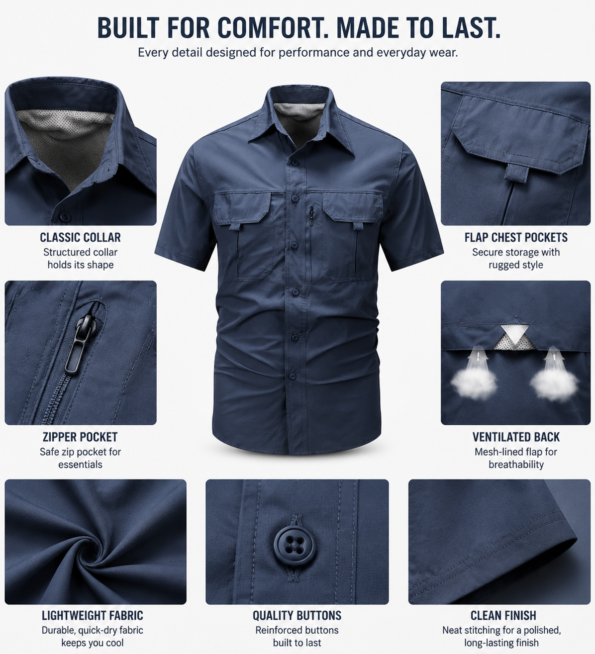 Men's Button Front Chest Pockets Zipper Detail Back Vent Short Sleeve Outdoor Quick Dry Shirt