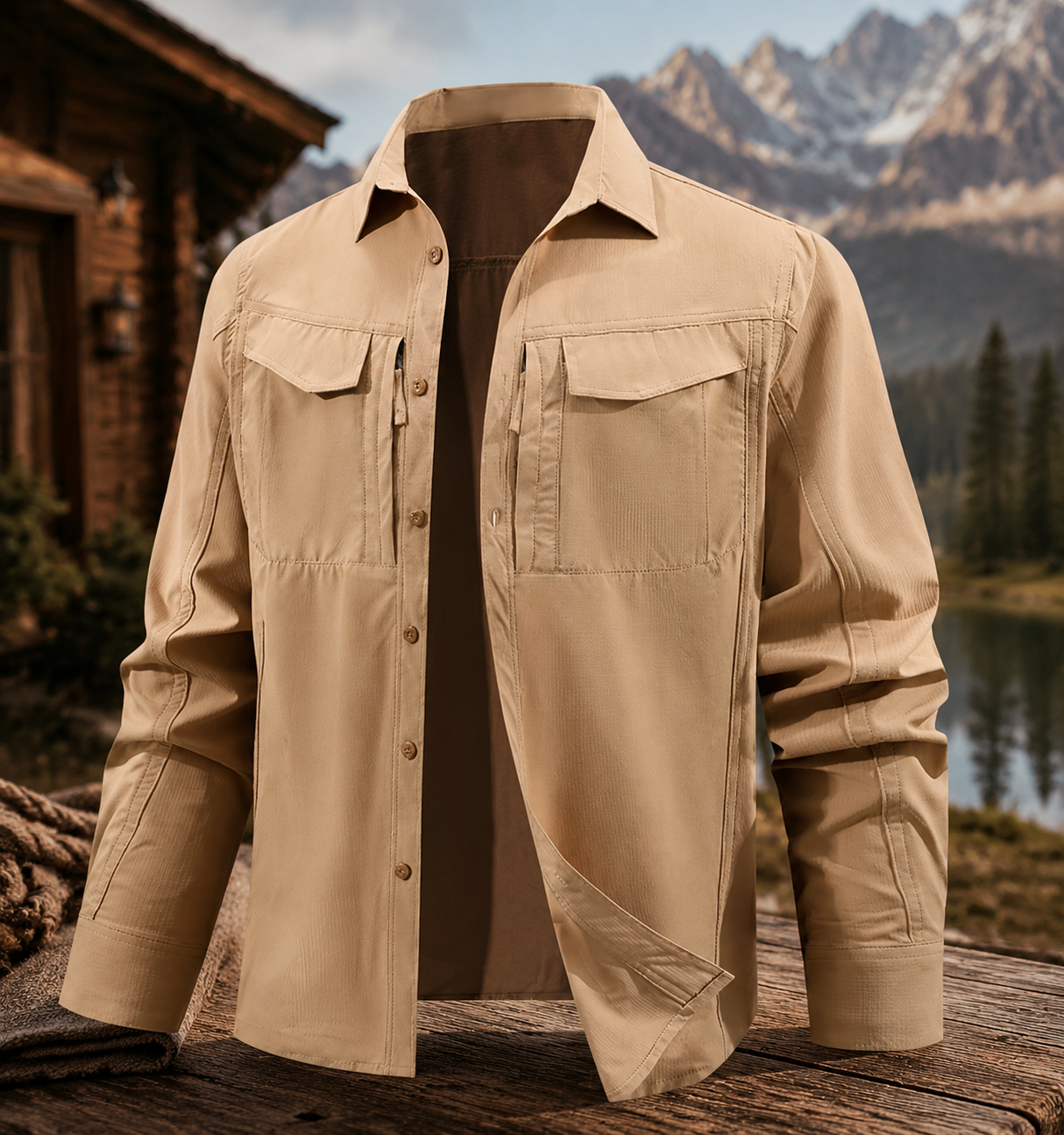 Men's Solid Color Button Front Chest Pockets Zipper Detail Underarm Vent Long Sleeve Outdoor Shirt