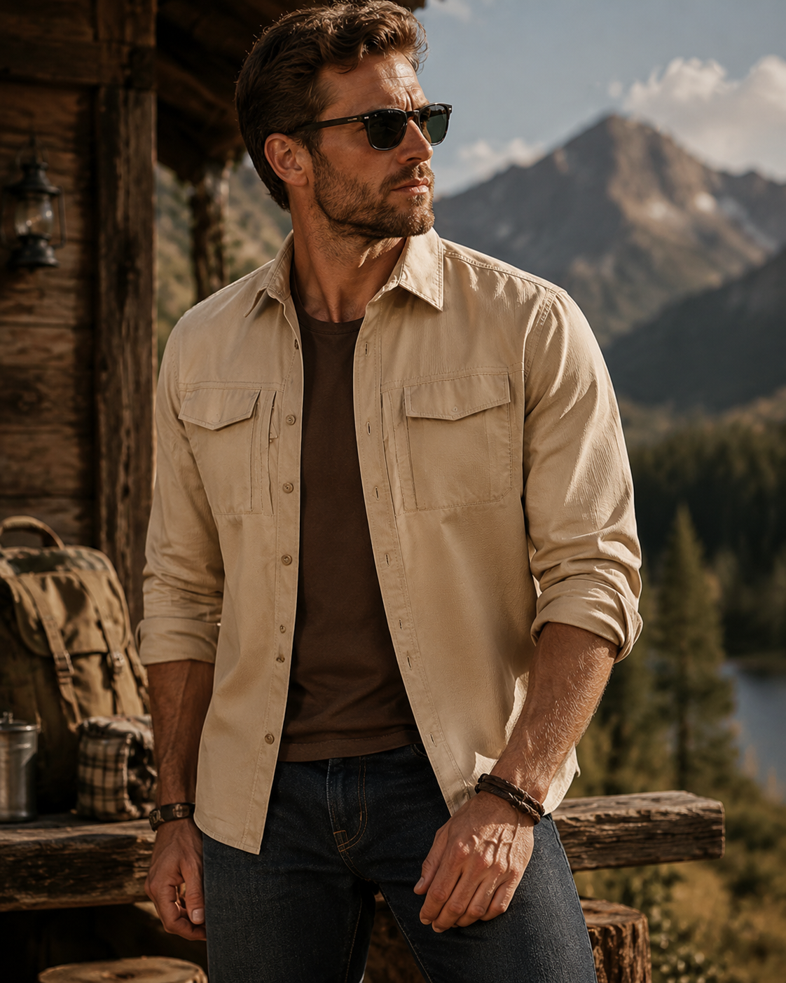Men's Solid Color Button Front Chest Pockets Zipper Detail Underarm Vent Long Sleeve Outdoor Shirt