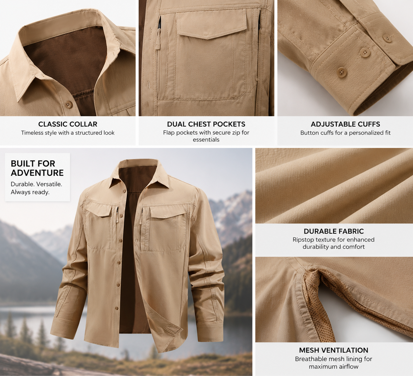 Men's Solid Color Button Front Chest Pockets Zipper Detail Underarm Vent Long Sleeve Outdoor Shirt